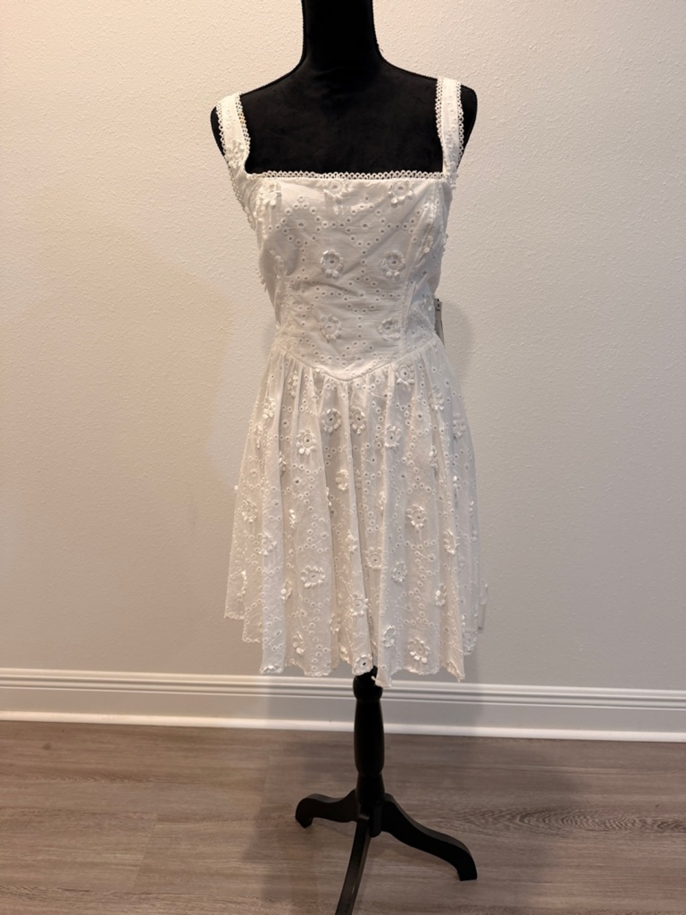 White Eyelet Mini Dress with Lace Trim